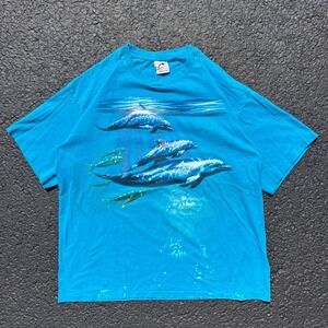 Vintage 90's Dolphin Harlequin T-Shirt Front and Back single stitch XL Blue